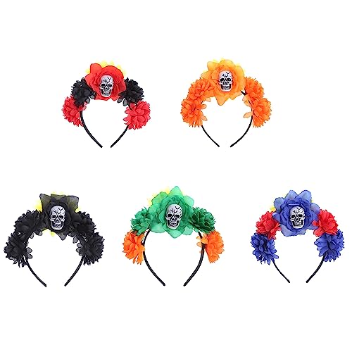 Saddgo Gruseliges Totenkopf-Stirnband für Kinder, Halloween, Blumen-Mottopartys, dunkles Skelett-Stirnband mit buntem Rosen-Maskerade-Stirnband von Saddgo