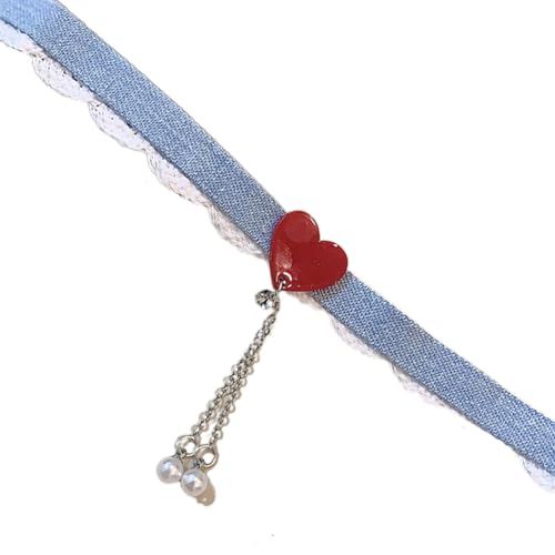 Saddgo Halskette mit Spitzenbesatz in Herzform für Damen, trendige Jeans, Stoff, Choker-Kette, elegante Kette, Modeschmuck von Saddgo