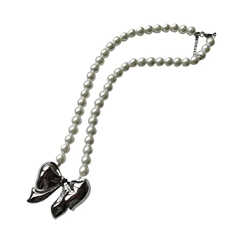 Saddgo Halskette mit süßem Schleifen-Anhänger aus Temperament, Metall, für Damen, Jahrestag, modisch, Vintage-Stil, Perlenketten, Choker-Schmuck von Saddgo