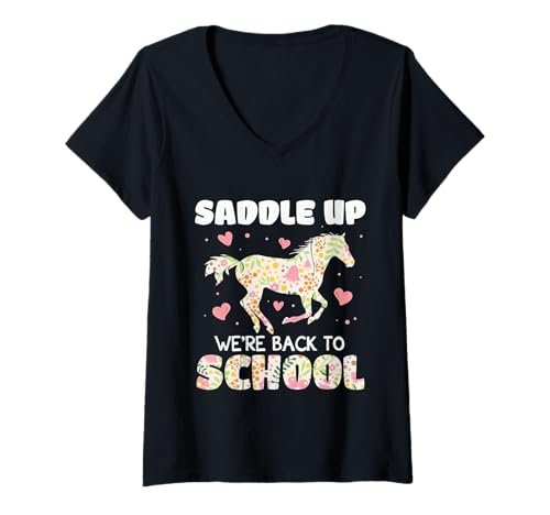 Damen Sattel auf, wir sind Wieder in der Schule T-Shirt mit V-Ausschnitt Damen Sattel auf, wir sind Wieder in der Schule T-Shirt mit V-Ausschnitt von Saddle up we're back to school DESIGNS