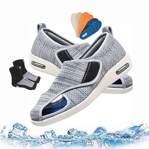 Damen Sommer Aushöhlen Verstellbarer Verschluss Luftpolster Diabetikerschuhe, Mit 3 Paar Ersatz-Einlegesohlen Und 1 Paar Kompressionsstrümpfen, Atmungsaktive Ödemschuhe Mit Breiter (Color : Light Gra von SadiTy
