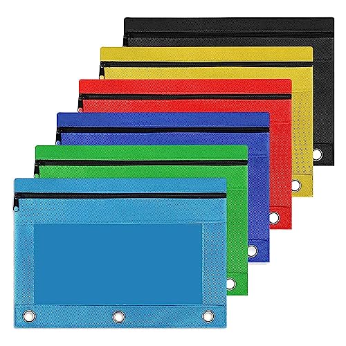 Sadkyer 6 Stück bunte 3 Ring Reißverschluss Bleistift Beutel Stabile AU Durable Binder Pouch mit Klarfenster, mehrfarbig von Sadkyer