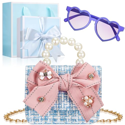 Sadnyy Geldbörse für kleine Mädchen Bowknot Handtasche Mini Kleinkind Crossbody Taschen Kinder Geldbörse Niedliche Prinzessin Handtaschen Kleinkind Geldbörse Sonnenbrille Geschenkbox Set für Kinder, von Sadnyy