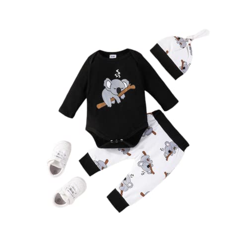 Baby Jungen 3tlg Kleidungs Set Langarm Runden Hals Pullover Buchstaben Druck Body Strampler Elastiziert Taillieren Hosen Mit Hut 0-18 Monate Kinder Weiche Warme Babyset (Schwarz , 9-12 Months ) von Saeevima