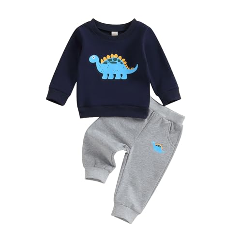 Baby Kleinkind Jungen Dinosaurier Bekleidungsset 2-teiliges Langarm Rundhalsausschnitt Dinosaurier Pullover Sweatshirt Elastische Taille Hose Trainingsanzüge Set (Dunkelblau, 12-18 Months) von Saeevima