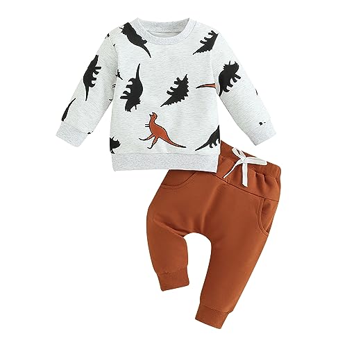 Baby Kleinkind Jungen Dinosaurier Bekleidungsset 2-teiliges Langarm Rundhalsausschnitt Dinosaurier Pullover Sweatshirt Pullover Elastische Taille Hose Trainingsanzüge Set (Braun, 3-4 Years) von Saeevima