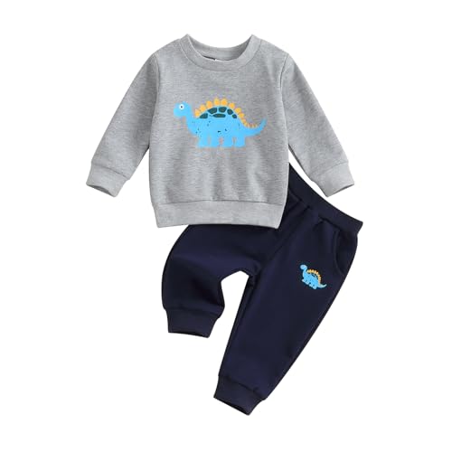 Baby Kleinkind Jungen Dinosaurier Bekleidungsset 2-teiliges Langarm Rundhalsausschnitt Dinosaurier Pullover Sweatshirt Pullover Elastische Taille Hose Trainingsanzüge Set (Grau, 12-18 Months) von Saeevima