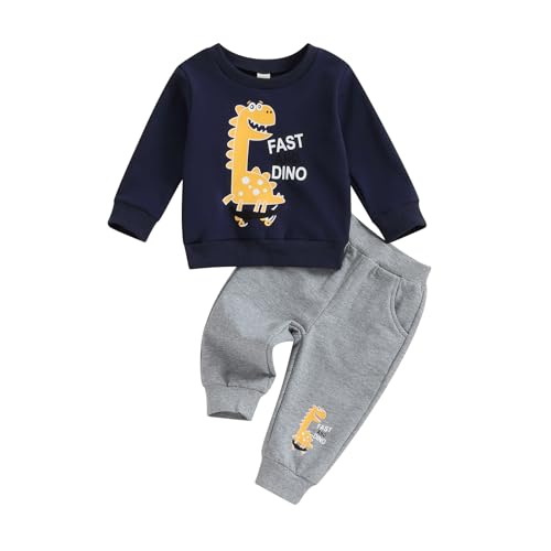 Baby Kleinkind Jungen Dinosaurier Bekleidungsset 2-teiliges Langarm Rundhalsausschnitt Dinosaurier Pullover Sweatshirt Pullover Elastische Taille Hose Trainingsanzüge Set (Marineblau, 2-3 Jahre) von Saeevima