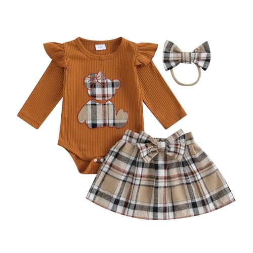 Baby Säugling Mädchen Niedlicher Bär Strampler Rock Bekleidungsset 3PCS Set Langarm Rüsche Schulter Karikatur Bär Strampler Karierte A-Linie Rock Bowknot Stirnband (Khaki, 9-12 Months) von Saeevima