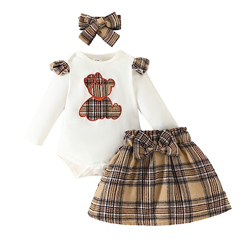 Baby Säugling Mädchen Niedlicher Bär Strampler Rock Bekleidungsset 3PCS Set Langarm Rüsche Schulter Karikatur Bär Strampler Karierte A-Linie Rock Bowknot Stirnband (Weiß, 0-3 Months) von Saeevima