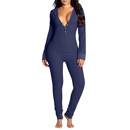 Frauen Sexy Funktionaler Jumpsuit Strampler Butt Button Back Flap Body Langarm V Ausschnitt Onesies Lässige Weihnachts Pyjama Nachtwäsche Einteiler Home Overalls Kleidung (Marineblau, XL) von Saeevima