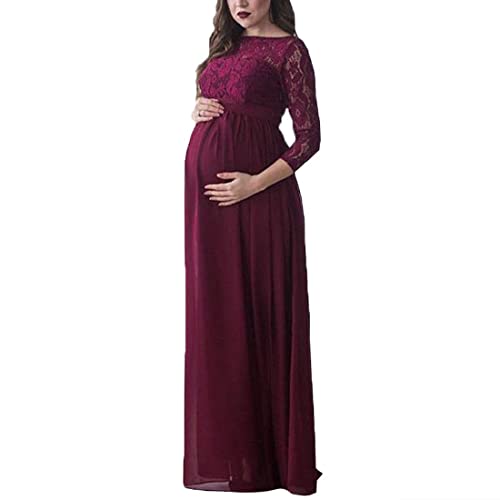 Saeevima Damen Umstandskleid Einfarbiges Maxikleid Tütükleid Langarm Spitzenkleid Casual Abendkleid Partykleid Hoch Taille A-Linie Abendkleid (Burgundisch B, L) von Saeevima