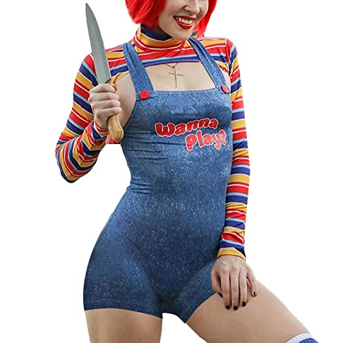 Frauen Halloween Chucky Doll Cosplay Outfits Set Mehrfarbig Streifen Albtraum Killer Puppe Cami Weste Wanna Play Blau Body Set Child's Play Filmfigur Sexy Kostüm (Blau3, S) von Saeevima