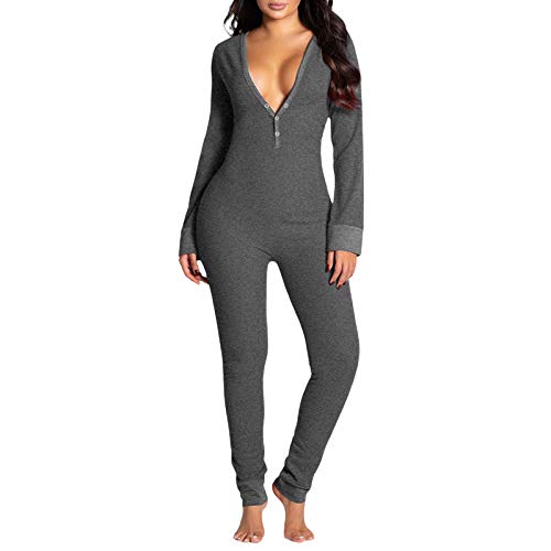 Frauen Sexy Funktionaler Jumpsuit Strampler Butt Button Back Flap Body Langarm V Ausschnitt Onesies Lässige Weihnachts Pyjama Nachtwäsche Einteiler Home Overalls Kleidung (Grau, M) von Saeevima