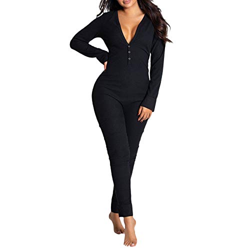 Frauen Sexy Funktionaler Jumpsuit Strampler Butt Button Back Flap Body Langarm V Ausschnitt Onesies Lässige Weihnachts Pyjama Nachtwäsche Einteiler Home Overalls Kleidung (Schwarz, XL) von Saeevima