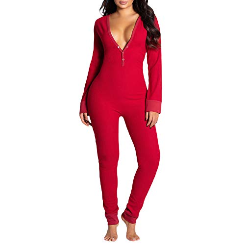 Frauen Sexy Funktionaler Jumpsuit Strampler Butt Button Back Flap Body Langarm V Ausschnitt Onesies Lässige Weihnachts Pyjama Nachtwäsche Einteiler Home Overalls Kleidung (Rot, M) von Saeevima