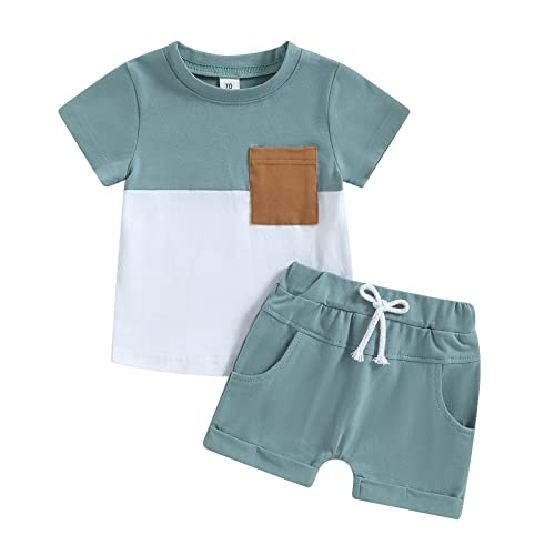 Kleine Jungen Sommer Kurze Hosen Outfits Loungewear Set Kurze Ärmel Rundhalsausschnitt Pullover Farbe Blöcke Kontrast T-Shirt Elastische Taille Solide Farbe Shorts (Blau, 2-3 Years) von Saeevima