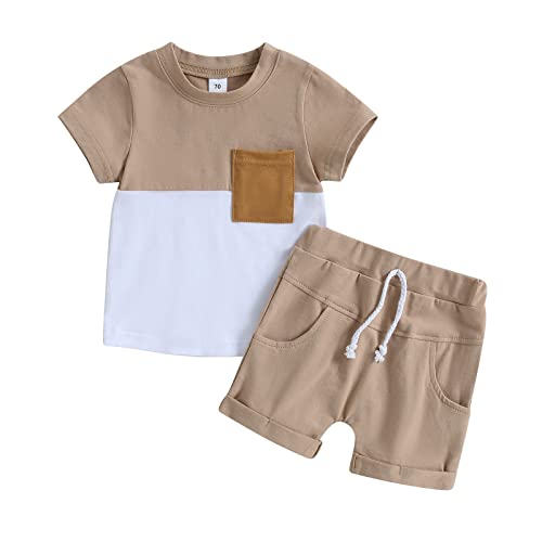 Kleine Jungen Sommer Kurze Hosen Outfits Loungewear Set Kurze Ärmel Rundhalsausschnitt Pullover Farbe Blöcke Kontrast T-Shirt Elastische Taille Solide Farbe Shorts (Khaki, 3-4 Years) von Saeevima