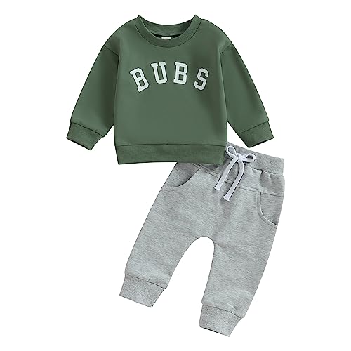 Kleinkind Baby Jungen 2 Stück Bekleidung Set Langarm Rundkragen BUBS Druck Pullover Sweatshirt Pullover Elastische Taille Hosen Neugeborene Jungen Trainingsanzüge (Dunkelgrün+Grau, 0-6 Months) von Saeevima