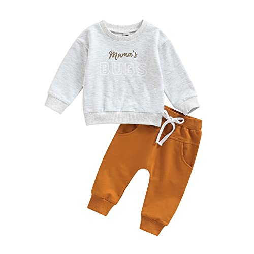 Kleinkind Baby Jungen 2 Stück Bekleidung Set Langarm Rundkragen BUBS Druck Pullover Sweatshirt Pullover Elastische Taille Hosen Neugeborene Jungen Trainingsanzüge (Grau+braun, 6-12 Months) von Saeevima