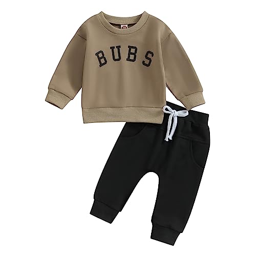 Kleinkind Baby Jungen 2 Stück Bekleidung Set Langarm Rundkragen BUBS Druck Pullover Sweatshirt Pullover Elastische Taille Hosen Neugeborene Jungen Trainingsanzüge (Kaffee+Schwarz, 12-18 Months) von Saeevima