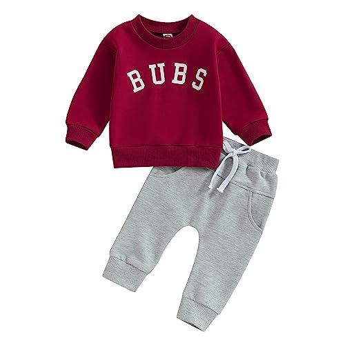 Kleinkind Baby Jungen 2 Stück Bekleidung Set Langarm Rundkragen BUBS Druck Pullover Sweatshirt Pullover Elastische Taille Hosen Neugeborene Jungen Trainingsanzüge (Weinrot+Grau, 0-6 Months) von Saeevima