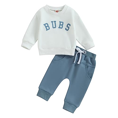 Kleinkind Baby Jungen 2 Stück Bekleidung Set Langarm Rundkragen BUBS Druck Pullover Sweatshirt Pullover Elastische Taille Hosen Neugeborene Jungen Trainingsanzüge (Weiß+Blau, 0-6 Months) von Saeevima