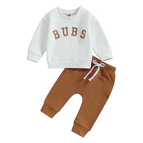 Kleinkind Baby Jungen 2 Stück Bekleidung Set Langarm Rundkragen BUBS Druck Pullover Sweatshirt Pullover Elastische Taille Hosen Neugeborene Jungen Trainingsanzüge (Weiß+Braun, 0-6 Months) von Saeevima