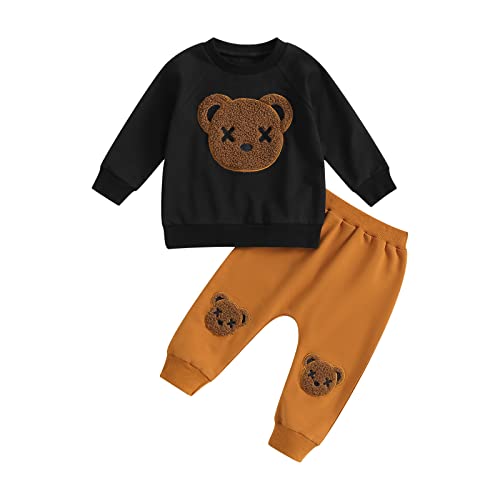 Kleinkind Baby Jungen Karikatur Flauschiger Bär Trainingsanzüge 2 Stück Bekleidungsset Langarm Pullover Sweatshirt Elastische taillierte Hose Kleine Jungen warme Kleidung (Schwarz, 2-3 Years) von Saeevima