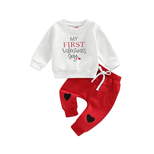 Kleinkind Baby Jungen Valentinstag Kleidung Set Langarm Rundkragen Pullover Jumper Sweatshirt Long Hosen mit Kordelkordel Kleiner Jungen 2pcs Outfits Set (Weiß+Rot, 12-18 Months) von Saeevima