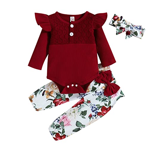 Saeevima Kleinkind Baby Mädchen Kleidung 2pcs Set Einfarbig Langarm Pullover Body Strampler Top Rüschen Taille Blumen Lange Hosen Stretch Stirnband Outfits (Weinrot 1, 18-24 Months ) von Saeevima