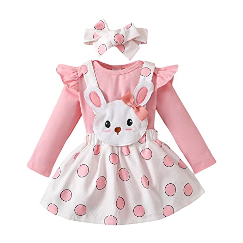 Kleinkind Baby Mädchen Ostern Outfits Sets Kurzarm Rüschen Schulter Einfarbig T-Shirt Cartoon Kaninchen Bedruckte Hosenträger Rüschen Tutu Rock Overalls Mädchen Ostergeschenk (Rosa1, 3-6 Months) von Saeevima