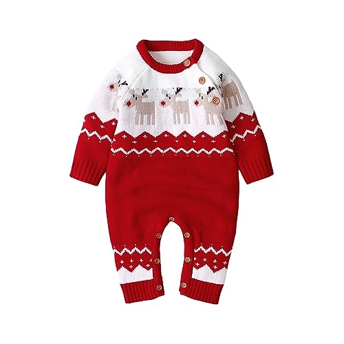 Neugeborene Baby Jungen Mädchen Gestrickt Weihnachten Strampler Langarm Knopf Rentier Druck Lange Leggings Häkeln Body Jumpsuit Säugling Weihnachten Einteiler Kleidung (Rot 2, 0-3 Months) von Saeevima