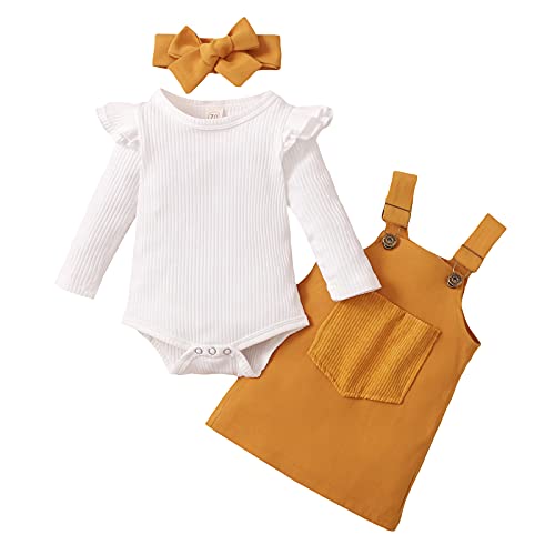 Saeevima Neugeborene Baby Mädchen den ersten Geburtstag Kleidung 3pcs Langarm Rüschen Schulter Rippen Strampler Top Hosentender Rock mit Stirnband Kinder Frühlingskleidung Set (Gelb, 3-6 Months) von Saeevima