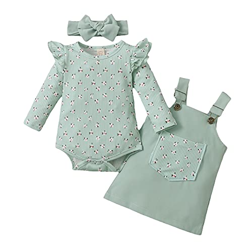 Neugeborene Baby Mädchen den ersten Geburtstag Kleidung 3pcs Langarm Rüschen Schulter Rippen Strampler Top Hosentender Rock mit Stirnband Kinder Frühlingskleidung Set (Grün1, 12-18 Months) von Saeevima