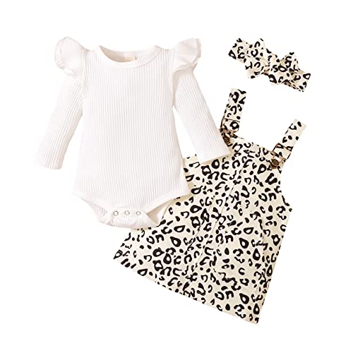 Saeevima Neugeborene Baby Mädchen den ersten Geburtstag Kleidung 3pcs Langarm Rüschen Schulter Rippen Strampler Top Hosentender Rock mit Stirnband Kinder Frühlingskleidung Set (Leopard1, 6-12 Months) von Saeevima