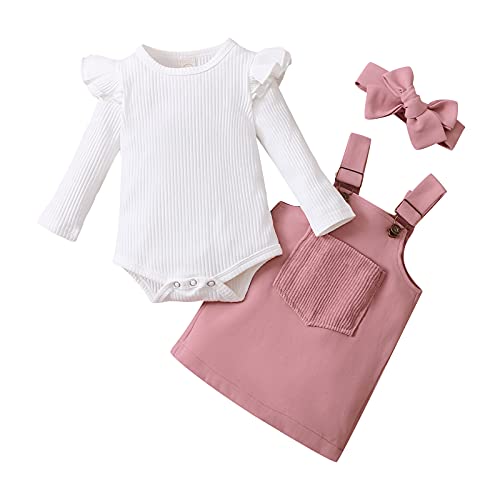 Neugeborene Baby Mädchen den ersten Geburtstag Kleidung 3pcs Langarm Rüschen Schulter Rippen Strampler Top Hosentender Rock mit Stirnband Kinder Frühlingskleidung Set (Rosa1, 0-3 Months) von Saeevima