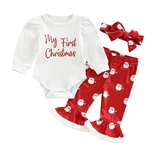 Neugeborene Mädchen Weihnachtskleidung Set Langarm Rüschen Santa Baby Druck Strampler Bodysuit Velvet Flare Long Hosen mit Rot Hut Baby Meine ersten Weihnachtsoutfits (Weiß1, 3-6 Months) von Saeevima