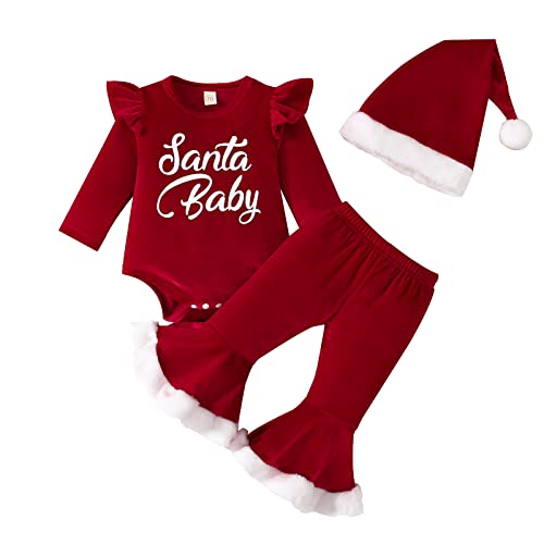 Saeevima Neugeborene Mädchen Weihnachtskleidung Set Langarm Rüschen Schulter Santa Baby Druck Strampler Bodysuit Velvet Flare Long Hosen mit Rot Hut Meine ersten Weihnachtsoutfits (Rot, 0-3 Months) von Saeevima