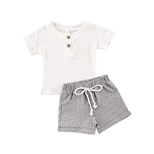 Neugeborenes Baby Kleinkind Unisex Leinen 2 STÜCKE Kurzarm Rundhals T-Shirt Top + Kordelzug Shorts Jungen Mädchen Sommer Lässige Outfits Baumwolle Kleidung Sets (weiße Streifen, 18-24 Months) von Saeevima