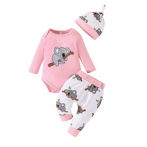 Saeevima Baby Jungen 3tlg Kleidungs Set Langarm Runden Hals Pullover Buchstaben Druck Body Strampler Elastiziert Taillieren Hosen Mit Hut 0-18 Monate Kinder Warme Babyset (Rosa, 6-9 Months) von Saeevima