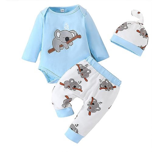 Saeevima Baby Jungen 3tlg Kleidungs Set Langarm Runden Hals Pullover Buchstaben Body Strampler Elastiziert Taillieren Hosen Mit Hut 0-18 Monate Kinder Weiche Warme Babyset (Blau, 0-3 Months) von Saeevima