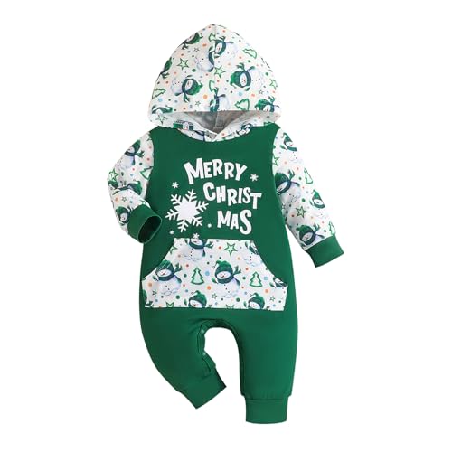 Saeevima Baby Jungen Mädchen Weihnachten Strampler Kapuze Langarm Mein erster Weihnachten Unisex Schlafstrampler Neugeborene Weiche Overall Bodysuit Jumpsuit (Grün 1, 9-12 Months) von Saeevima