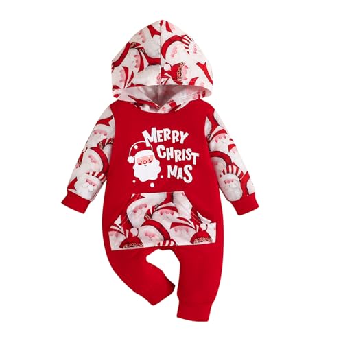 Saeevima Baby Jungen Mädchen Weihnachten Strampler Kapuze Langarm Mein erster Weihnachten Unisex Schlafstrampler Neugeborene Weiche Overall Bodysuit Jumpsuit (Rot 1, 6-9 Months) von Saeevima