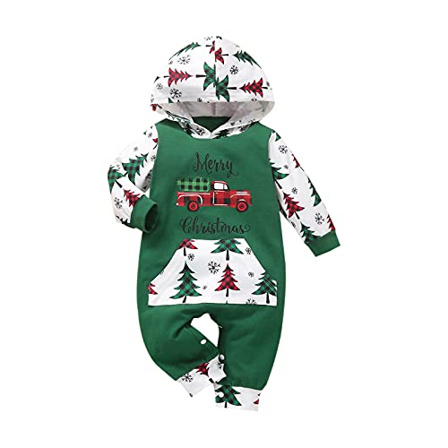 Saeevima Baby Jungen Mädchen Weihnachten Strampler Kapuze Langarm Mein erster Weihnachten Unisex Schlafstrampler Neugeborene Weiche Overall Bodysuit Jumpsuit Kleidung (Grün, 0-3 Months) von Saeevima