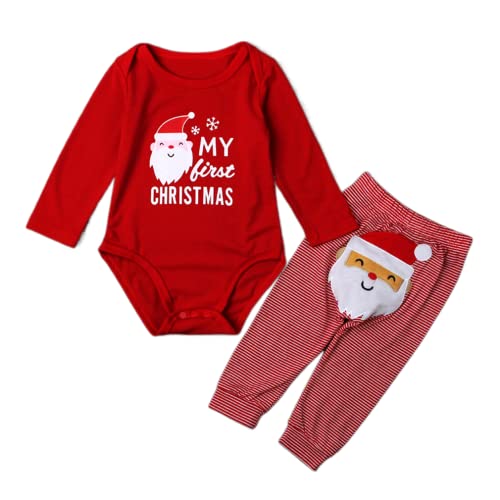 Saeevima Baby Jungen Mädchen Weihnachtsoutfits Sets Langarm Santa Claus Hirsch Mein erstes Weihnachtsbodysuit Strampler Langstreifen Hosen Neugeborene Weihnachten Kleidung (Rot2, 12-18 Months) von Saeevima