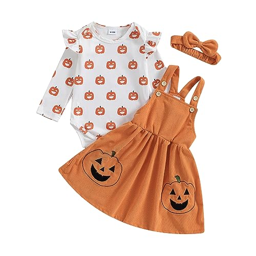 Saeevima Baby Mädchen Halloween Bekleidungsset Lange Ärmel Kräuseln Schulter Kürbis Geister Gedruckt Strampler Bodysuit Cord Tutu Kleid mit Trägern Baby Halloween Kleidung (Kürbis1, 3-6 Months) von Saeevima