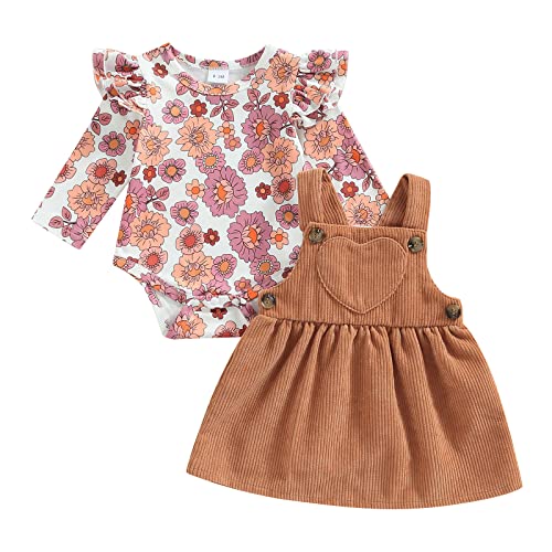 Saeevima Baby Mädchen Valentinstag Kleidung Set Lange Ärmel Kräuseln Schulter Liebe Herzen Hasen Blumendruck Strampler Bodysuit Cord Haltungsliebe Liebe Herz Tutu Kleid (Blumen, 0-3 Months) von Saeevima