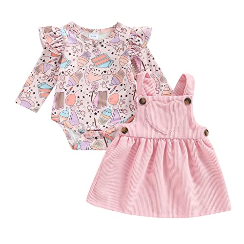 Saeevima Baby Mädchen Valentinstag Kleidung Set Lange Ärmel Kräuseln Schulter Liebe Herzen Hasen Blumendruck Strampler Bodysuit Cord Haltungsliebe Liebe Herz Tutu Kleid (Eis, 0-3 Months) von Saeevima