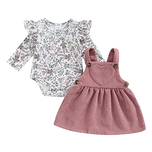 Saeevima Baby Mädchen Valentinstag Kleidung Set Lange Ärmel Kräuseln Schulter Liebe Herzen Hasen Blumendruck Strampler Bodysuit Cord Haltungsliebe Liebe Herz Tutu Kleid (Hase, 0-3 Months) von Saeevima